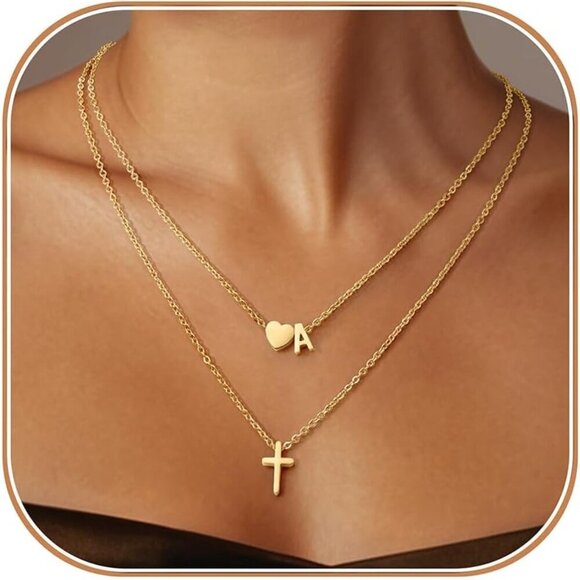 Layered Initial Necklaces for Women,Dainty 18K Real Gold Plated Heart Initial Ne - Picture 1 of 6